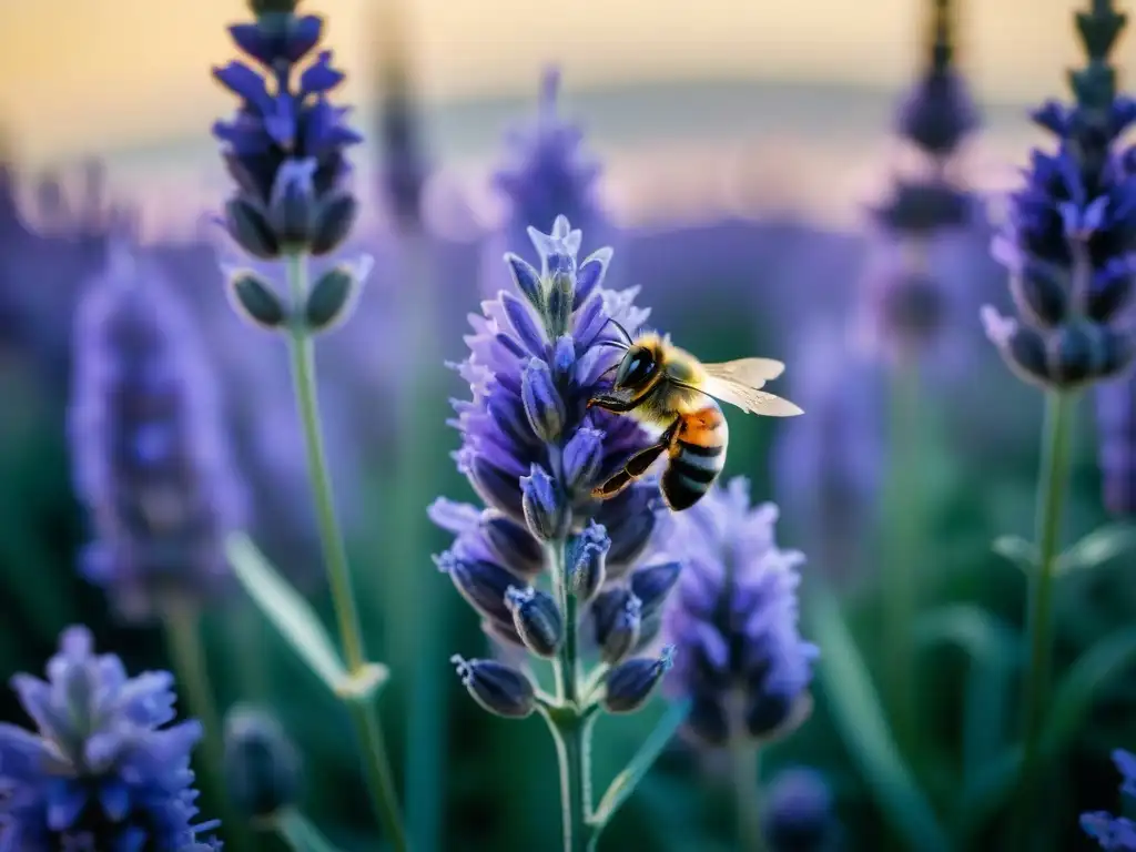 Una abeja cubierta de polen revolotea sobre una flor de lavanda en los campos de lavanda en Provenza, con detalles vibrantes y una atmósfera inmersiva