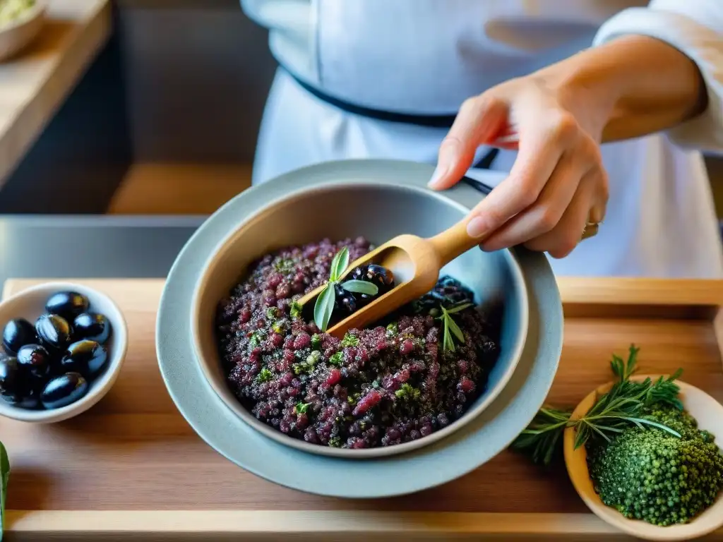 Moliendo aceitunas negras, anchoas y alcaparras en un mortero para la receta tradicional de tapenade provenzal en una cocina rústica