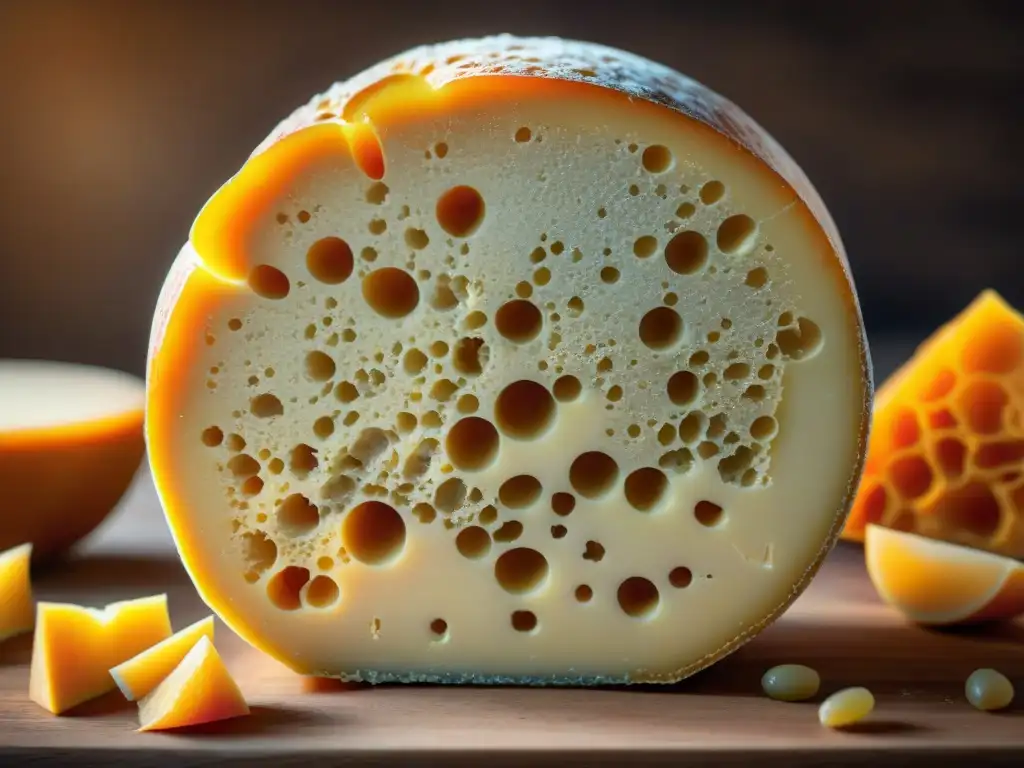 Un acercamiento detallado de una rueda de queso Mimolette, resaltando sus tonos dorados y ambarinos