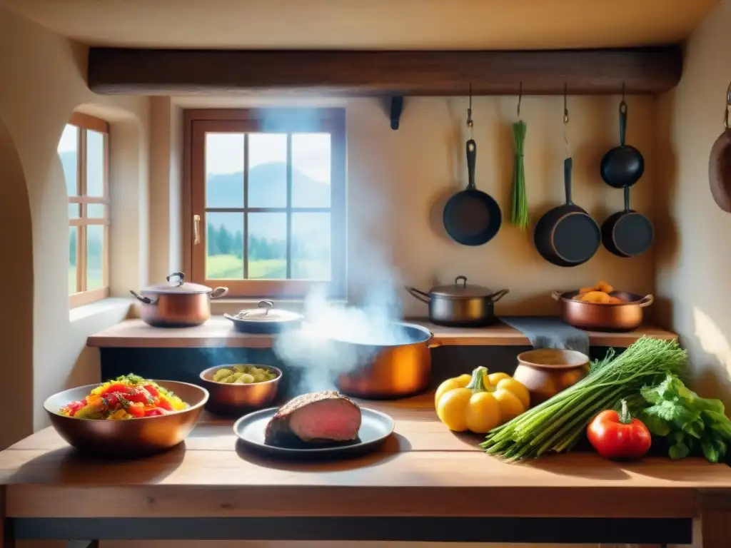 Un acogedor ambiente de cocina alsaciana con una mesa de madera rústica repleta de ingredientes para preparar el guiso Baeckeoffe