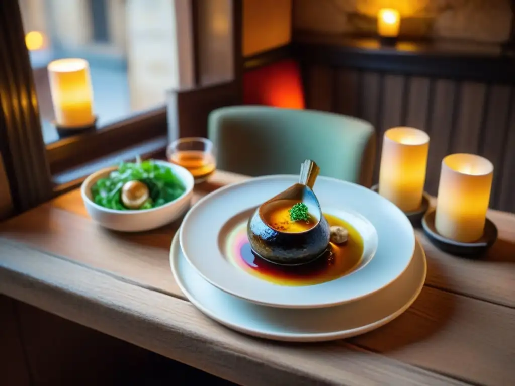 Acogedor bistró oculto en Dijon con platos franceses como coq au vin y escargot en mesa de madera rústica