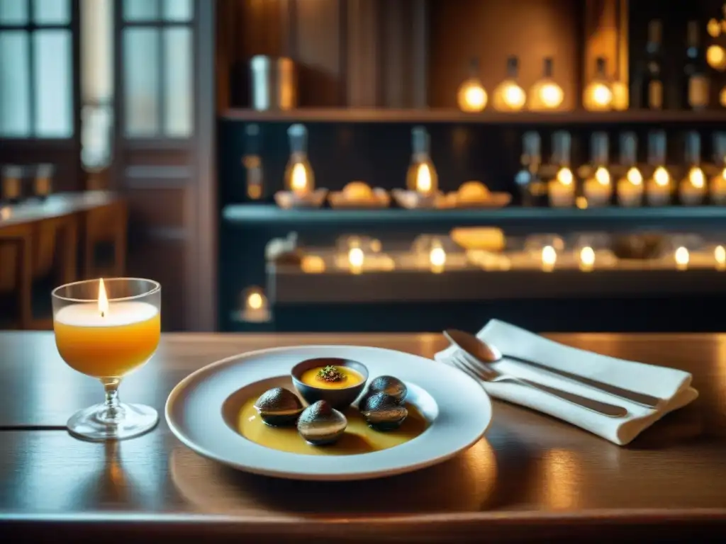 Un acogedor bistró parisino iluminado por velas, con exquisiteces francesas