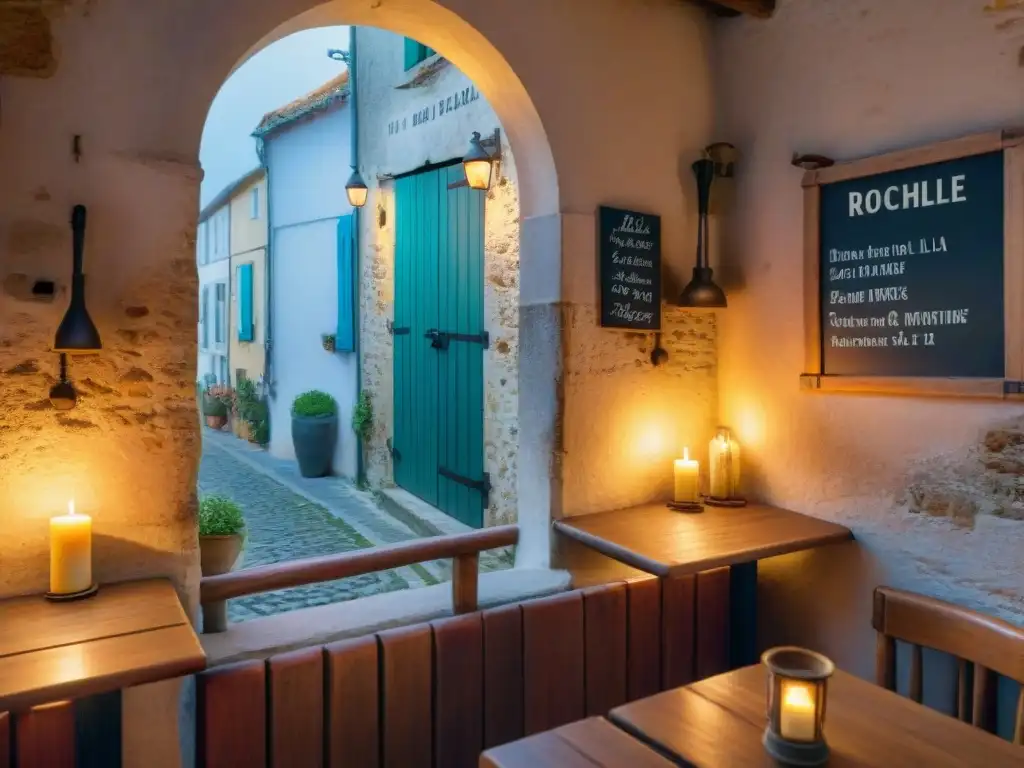 Acogedor bistró en La Rochelle con iluminación tenue, velas, botellas de vino vintage y menú en pizarra