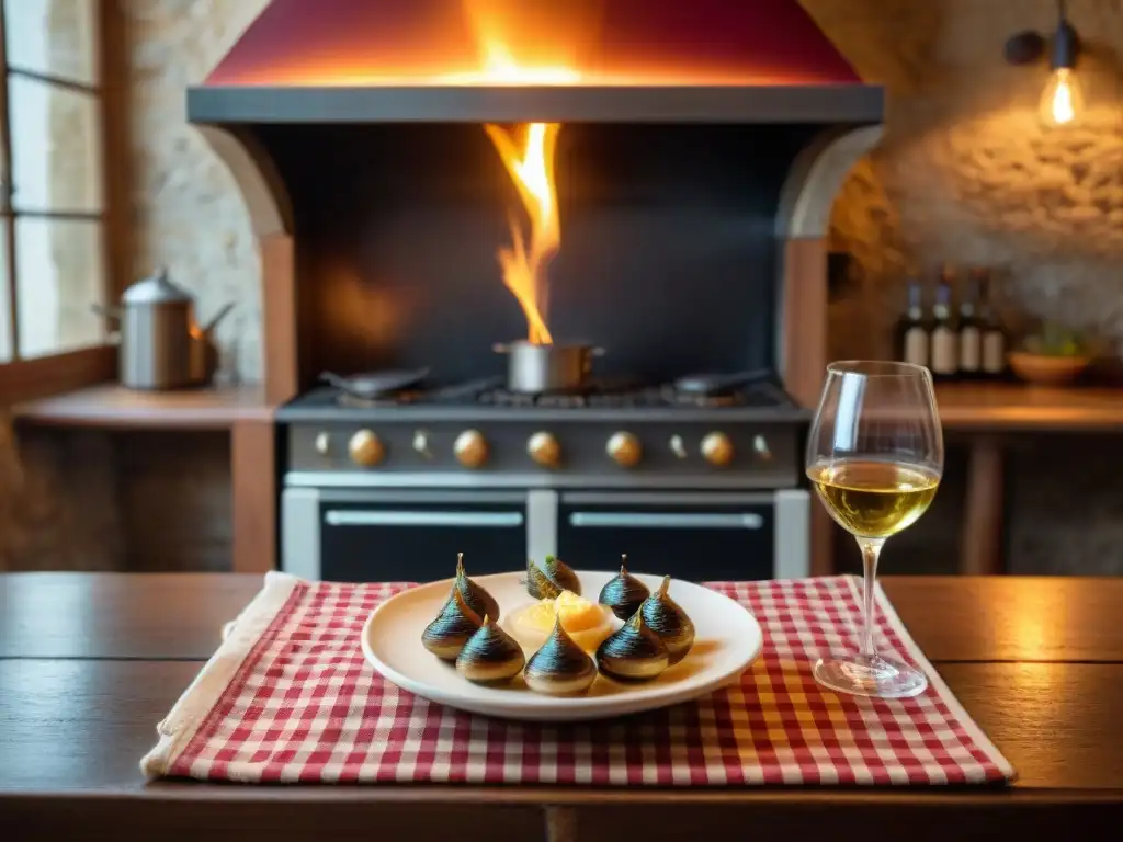 Un acogedor bistró en Tours, Francia, con vino tinto, velas y escargot