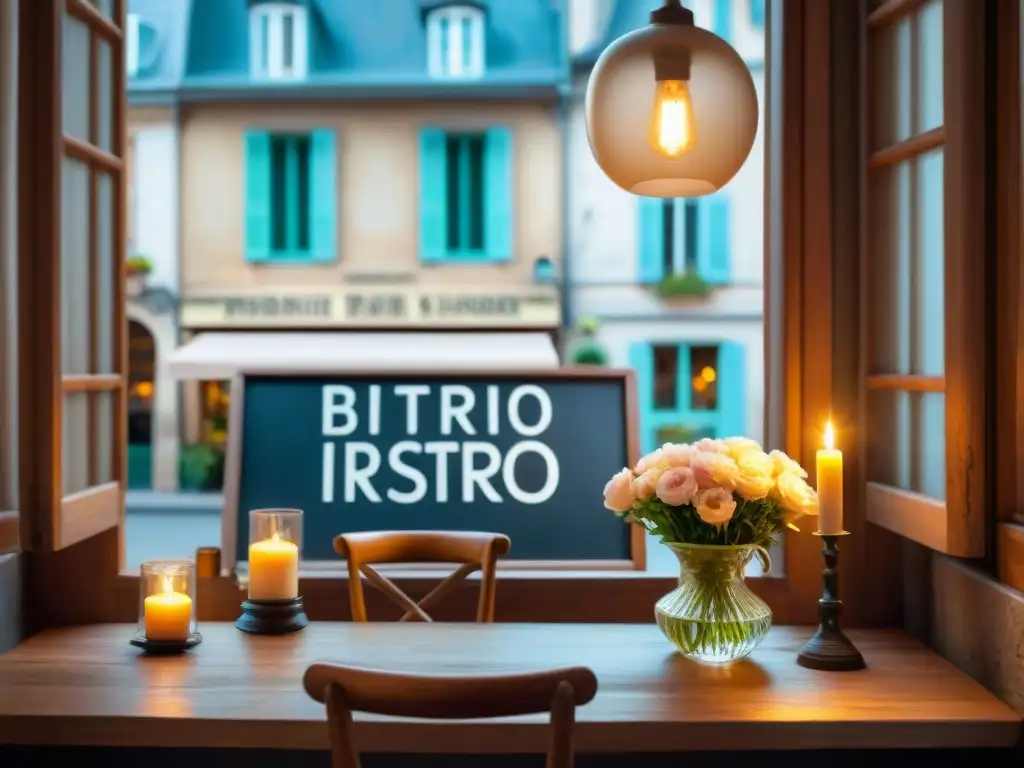 Un acogedor bistró en Limoges, Francia, con vajilla elegante, luz de velas y chef preparando plato