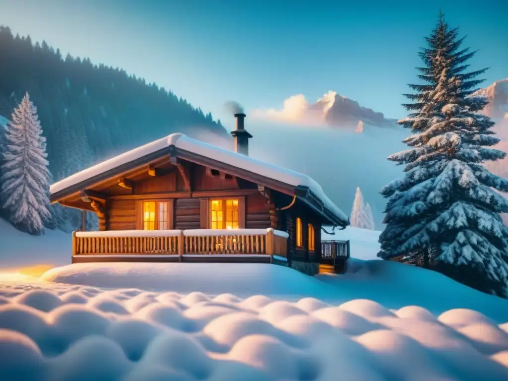 Acogedor chalet de madera en los picos nevados de Savoia, rodeado de pinos, emitiendo humo y con ventanas iluminadas