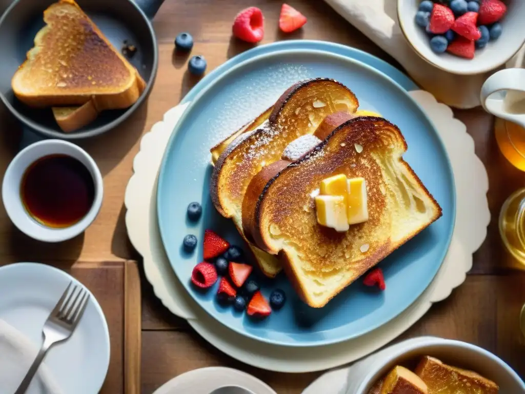 Un acogedor desayuno con tostadas francesas doradas rodeadas de ingredientes frescos