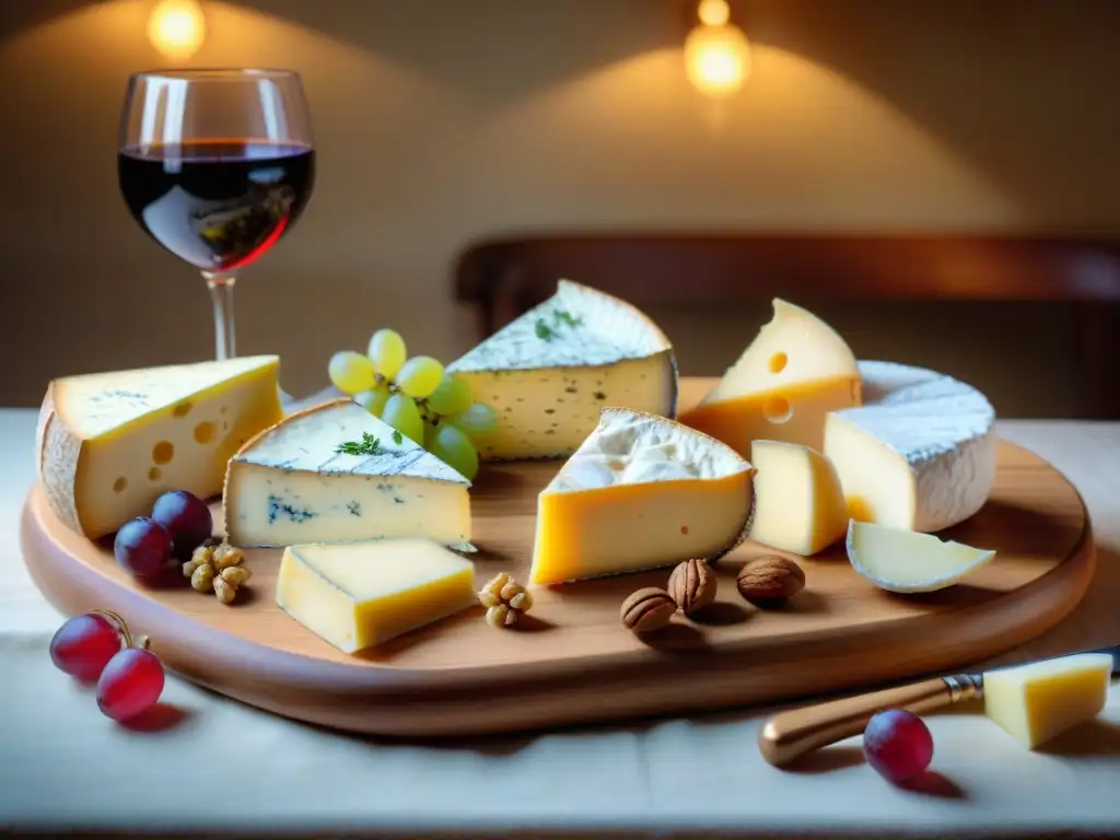 Un acogedor restaurante francés especializado en quesos, con una mesa de madera repleta de delicias francesas