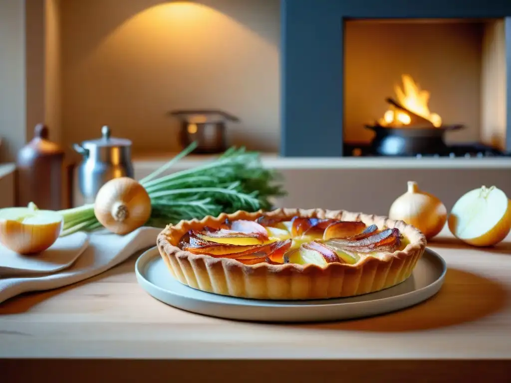 Acogedora cocina alsaciana con una mesa rústica lista para una comida, destacando la receta flammekueche tradicional francesa