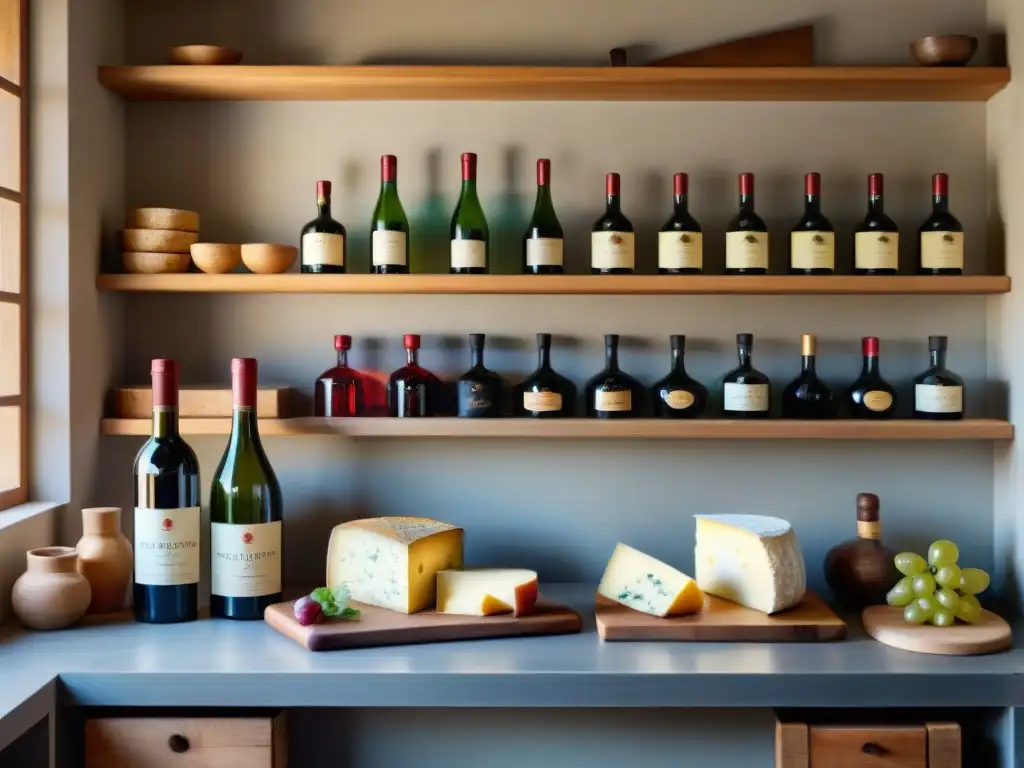 Una acogedora cocina de campo francesa con vinos y quesos premium