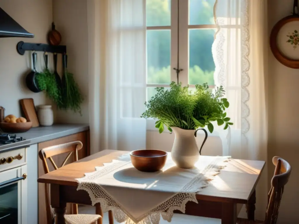 Acogedora cocina francesa con mesa de madera, utensilios elegantes y rayo de sol