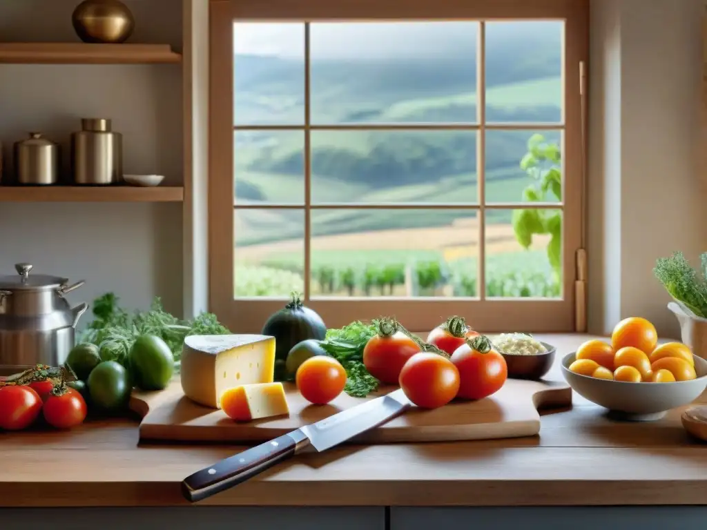 Una acogedora cocina francesa con productos frescos y cuchillo de chef