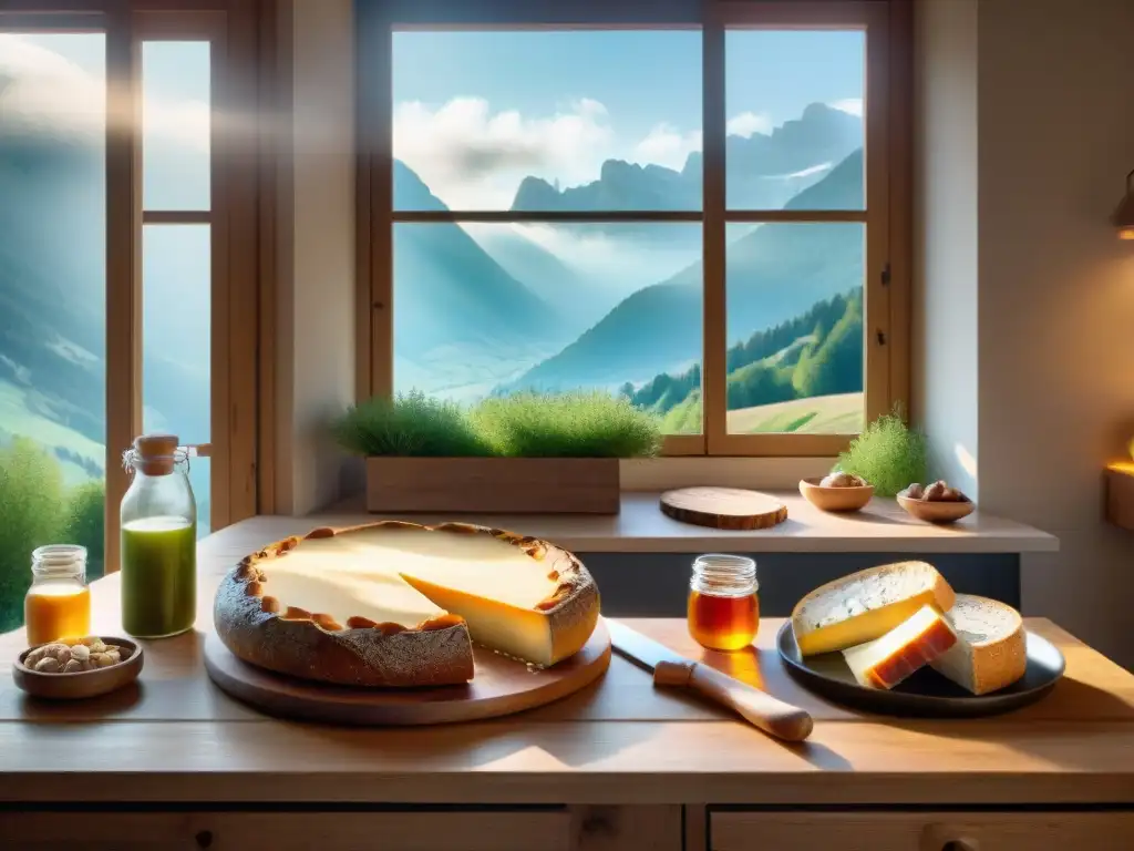 Una acogedora cocina de los Alpes franceses, con platos típicos como quesos, embutidos y setas, bañados por luz matutina