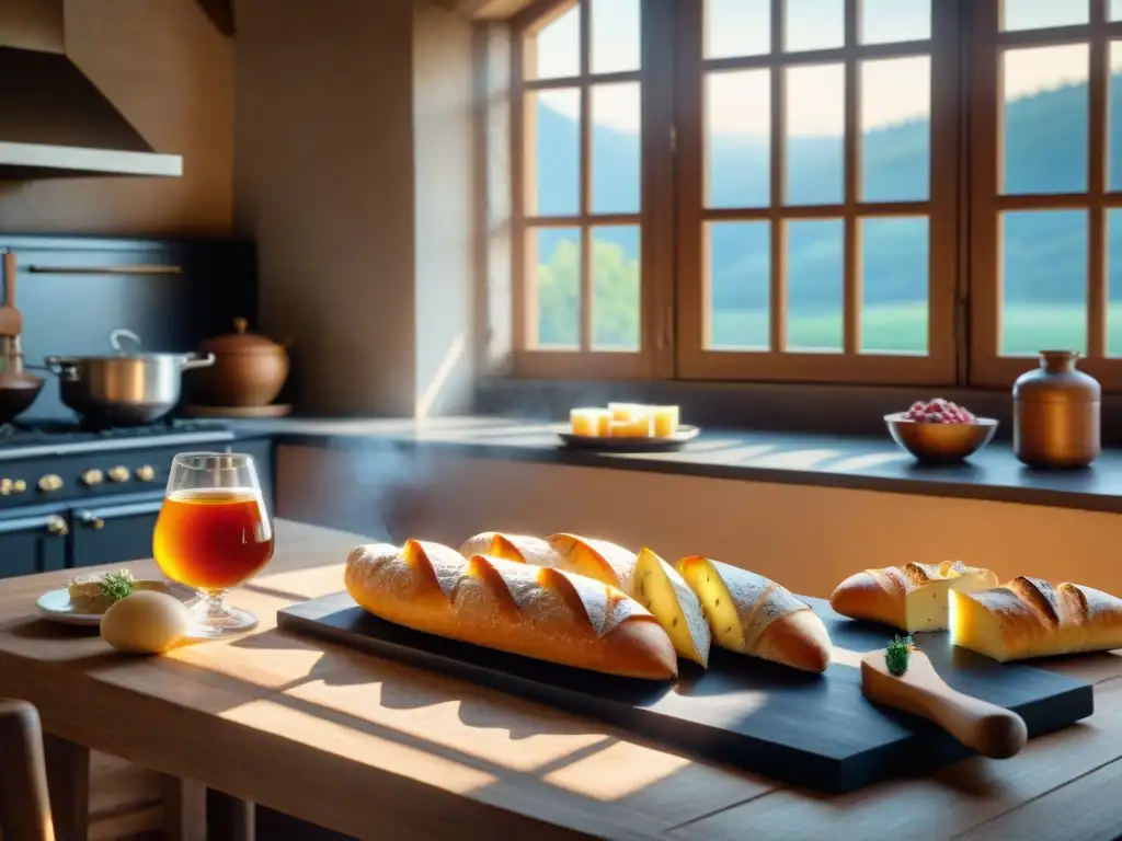 Acogedora cocina tradicional de Borgoña Francia con baguettes, quesos y coq au vin en la mesa de madera, iluminada por la luz del sol