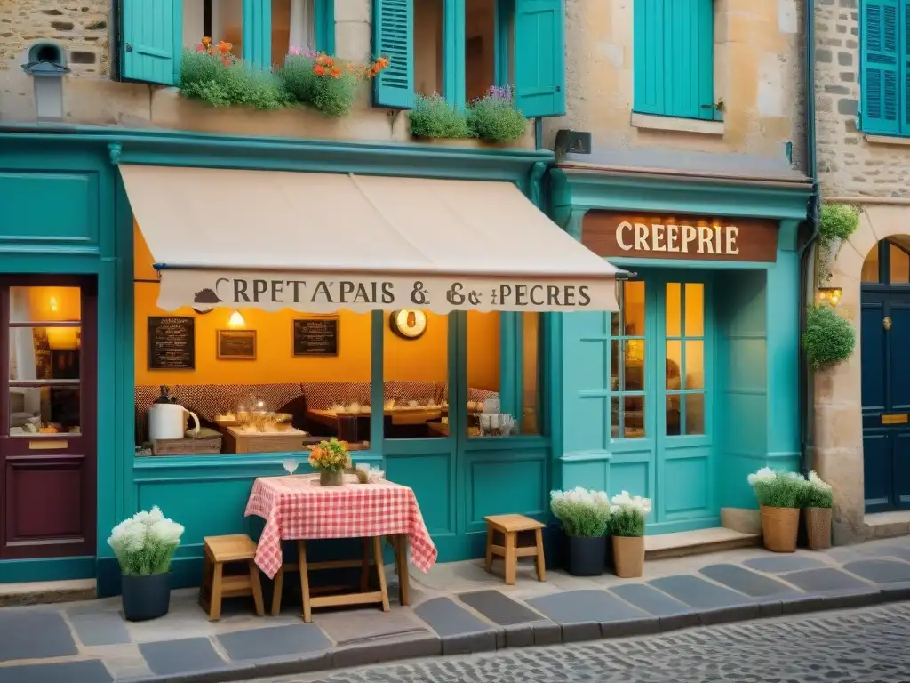 Acogedora crepería bretona con encanto en un callejón empedrado, invitando a disfrutar de crepes auténticos