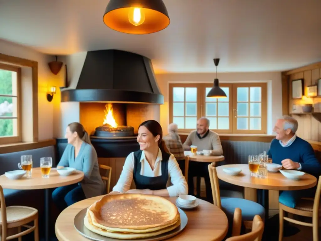 Acogedora crêperie en Bretaña: Experiencia gastronómica con clientes de todas las edades disfrutando de crêpes y sidra en un ambiente cálido