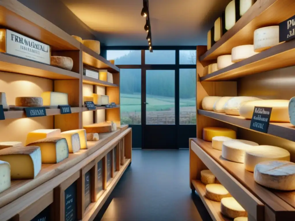 Acogedora fromagerie francesa con quesos artesanales en exhibición, iluminación tenue y experto quesero ofreciendo degustaciones