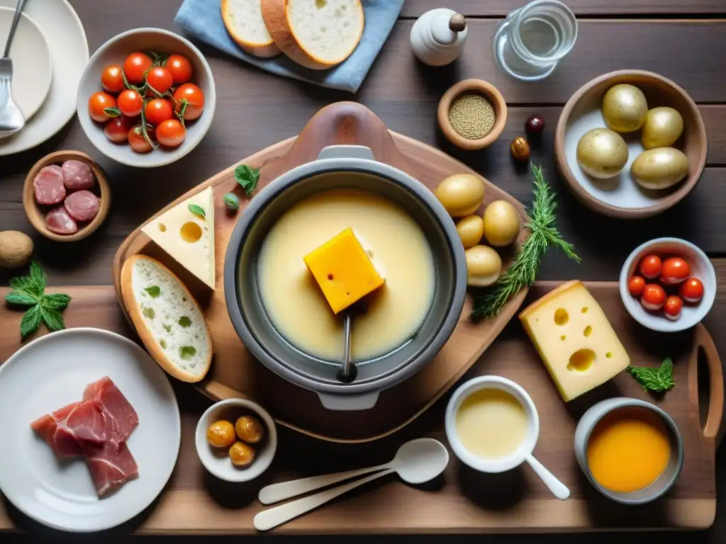 Una acogedora mesa de madera con Fondue Savoyarda rodeado de ingredientes para sumergir, evocando una experiencia alpina tradicional