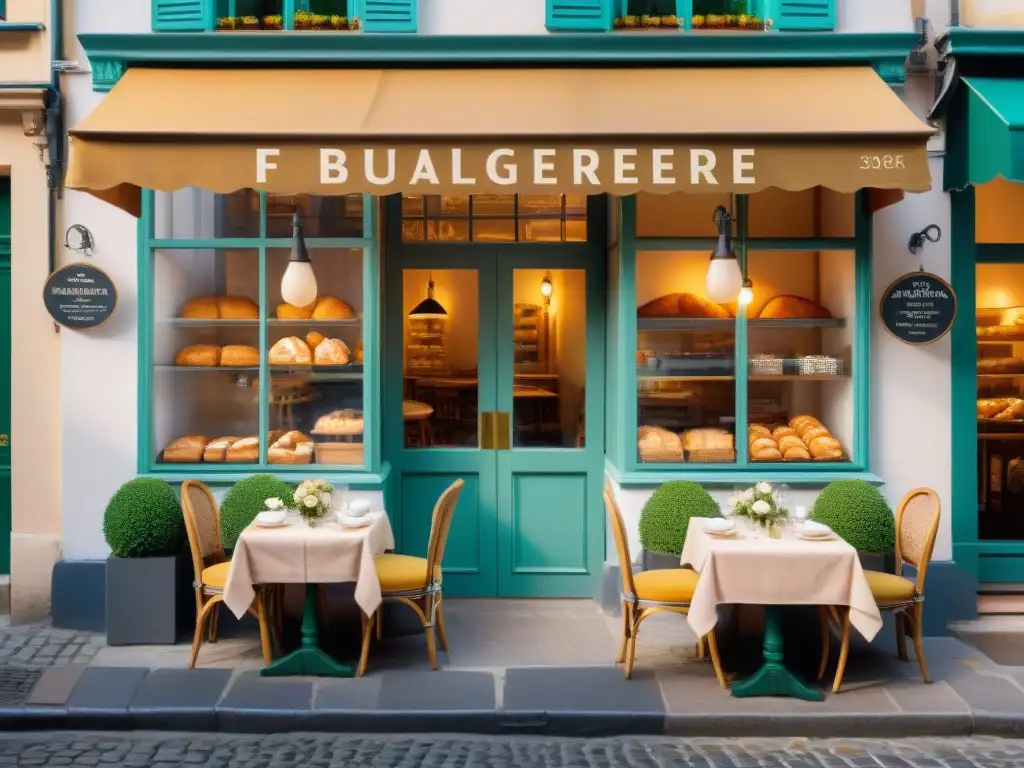 Acogedora panadería francesa con identidad visual para restaurantes franceses, pan recién horneado y terraza soleada