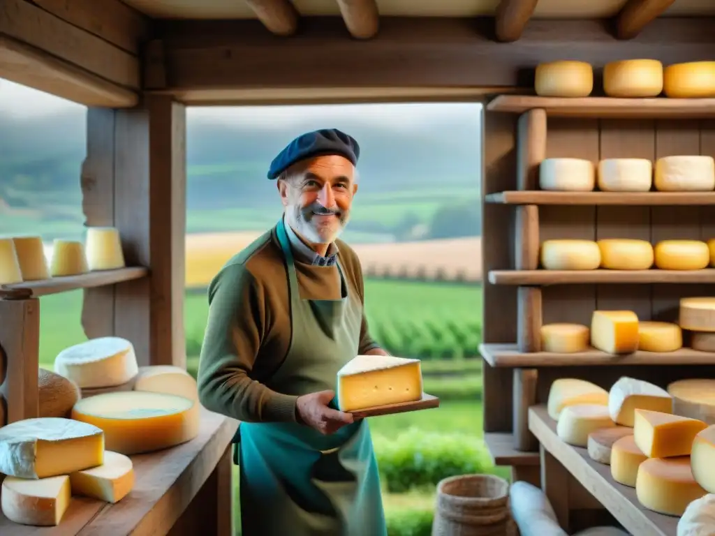 En una acogedora tienda de quesos francesa, el anciano vendedor selecciona un auténtico Queso Maroilles, rodeado de tradición culinaria francesa