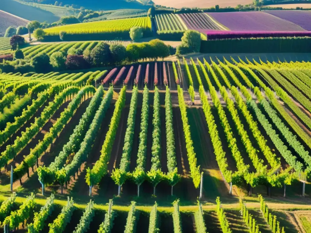 Adaptaciones en la viticultura francesa: viñedos en Bordeaux con patrones de uvas verdes y moradas bajo el cielo azul