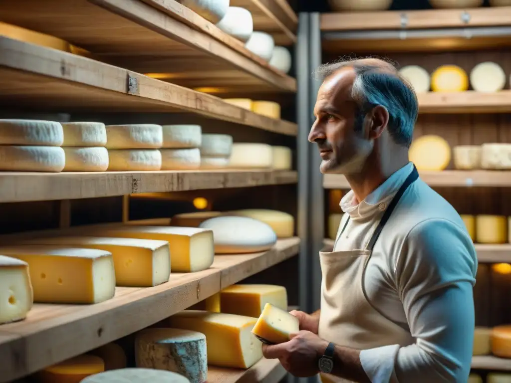 Un affineur experto inspecciona quesos en bodega francesa