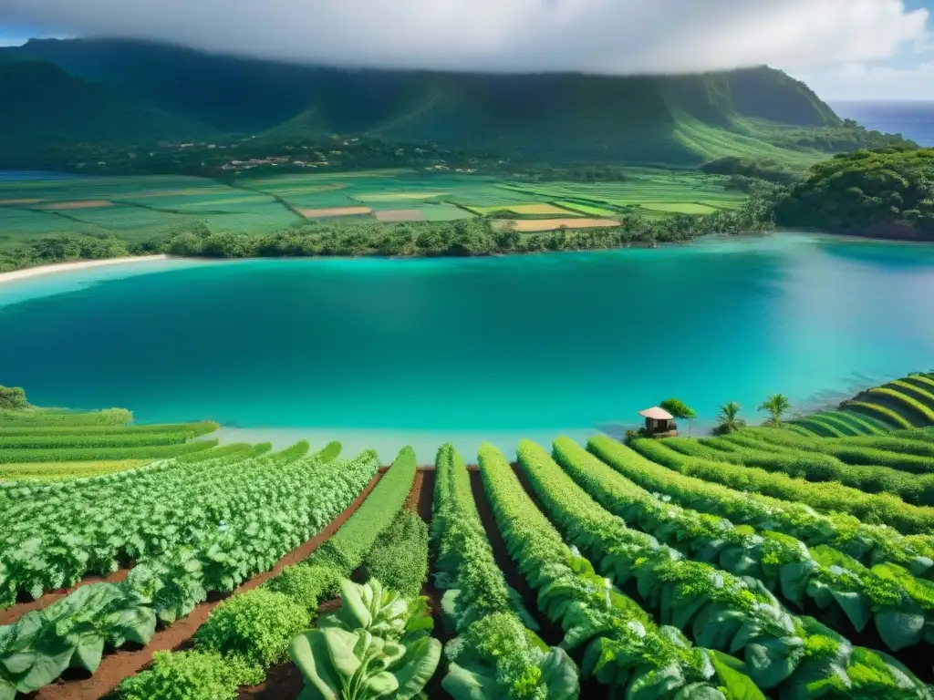 Un agricultor cuida con amor cultivos orgánicos en una vibrante granja en Mayotte, con ingredientes orgánicos en la cocina