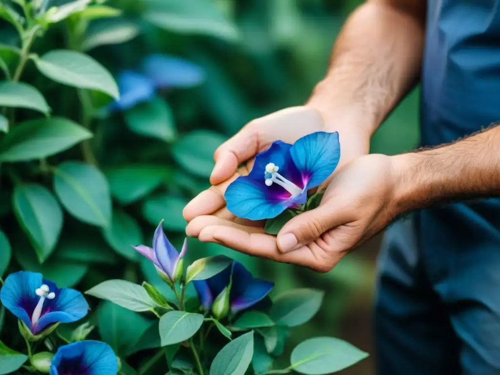 Un agricultor recolecta una brillante flor azul de mariposa en un jardín exuberante, contrastando con sus manos curtidas