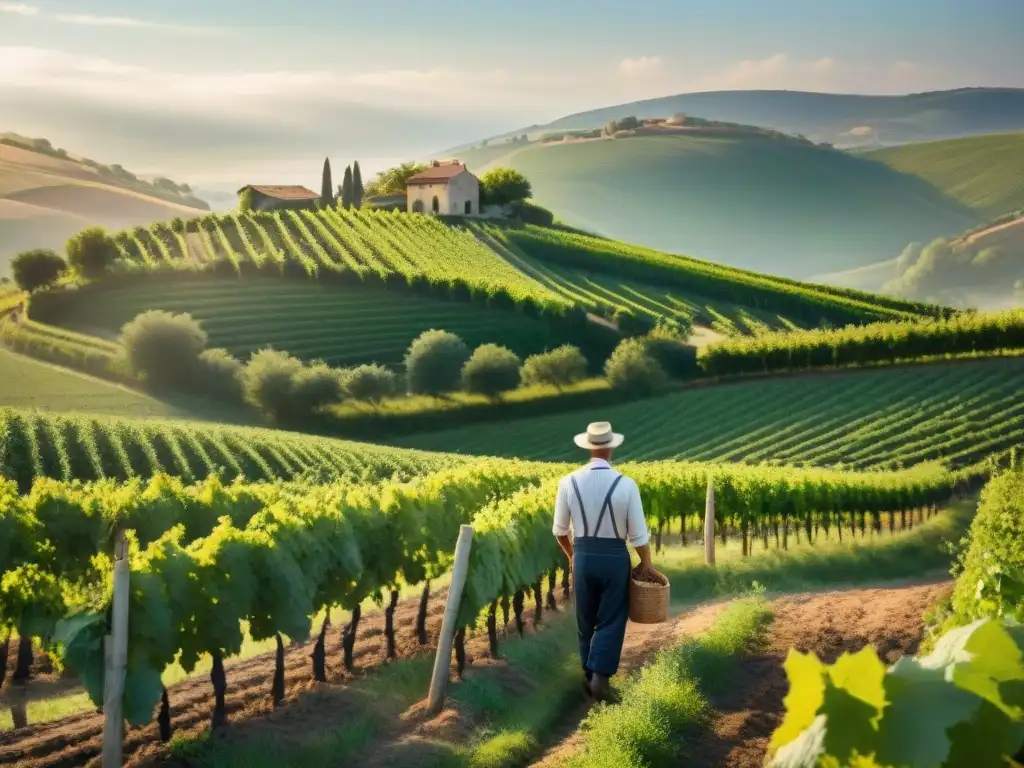 Un agricultor francés muestra su dedicación en una viña soleada, simbolizando la sostenibilidad y la gastronomía francesa