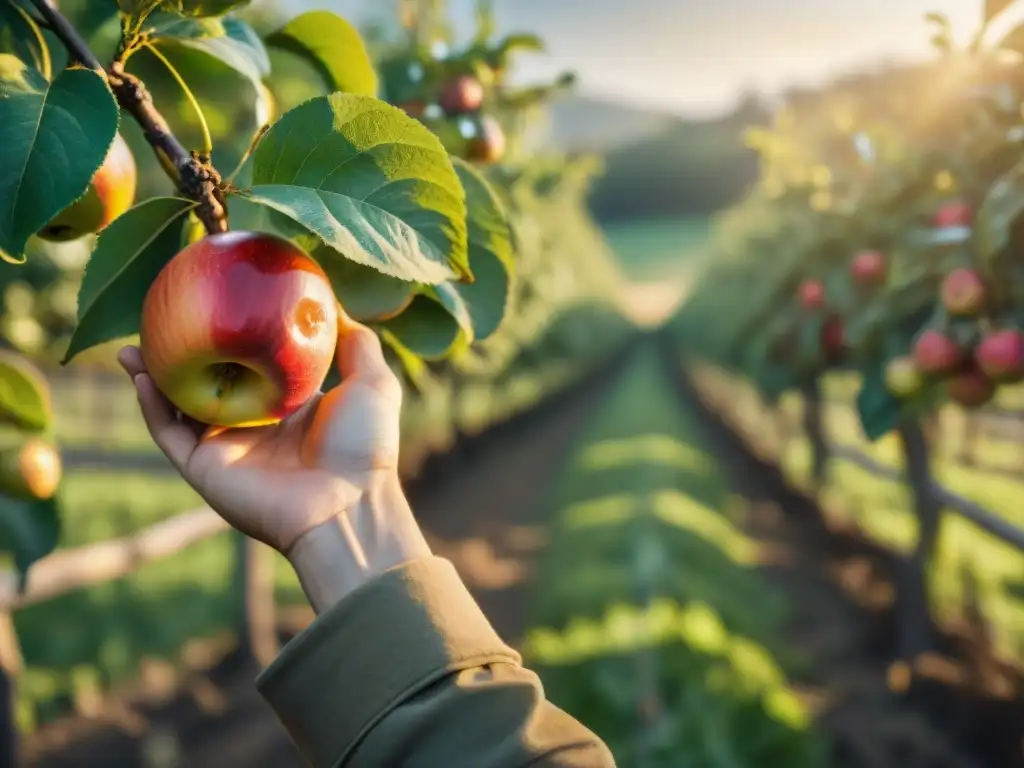 Un agricultor selecciona con destreza manzanas en un idílico huerto francés, bañado por la cálida luz del sol