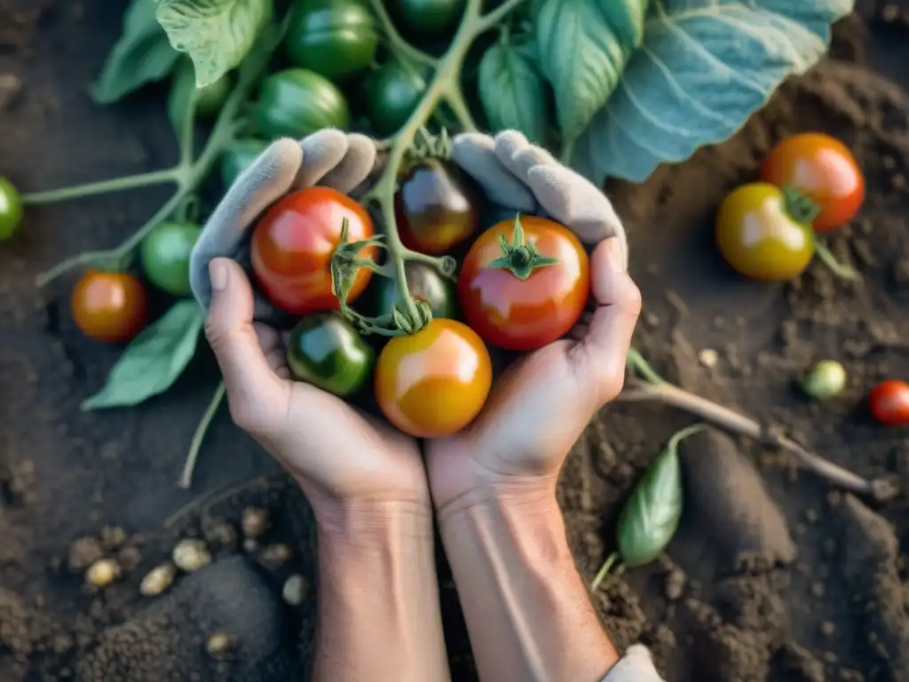 Un agricultor francés sostenible muestra sus manos trabajadas y tomates, reflejando la esencia de la gastronomía local