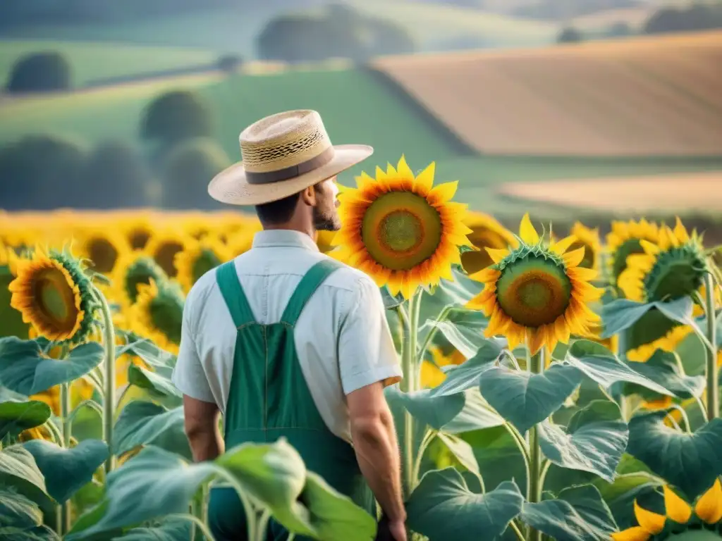 Un agricultor inspecciona girasoles en campo francés con certificaciones sostenibilidad agricultura francesa