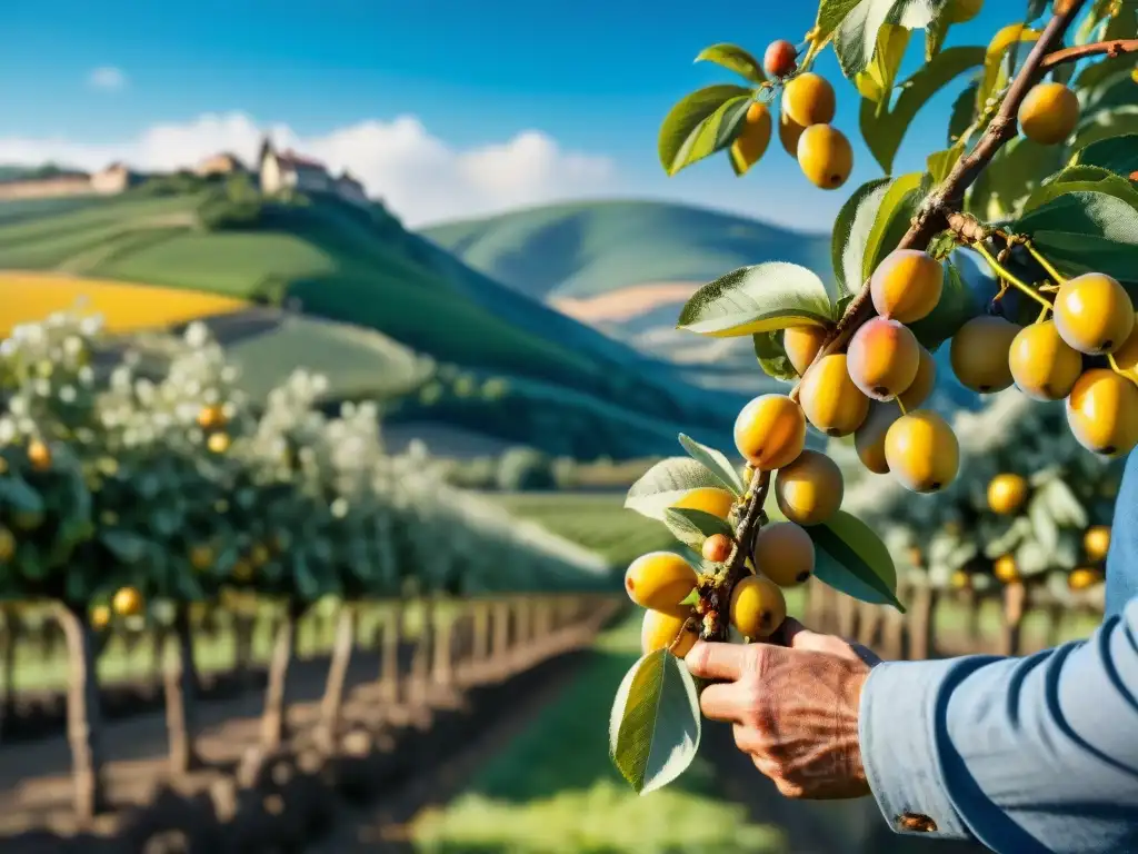 Un agricultor recoge una jugosa mirabelle en un idílico huerto de Lorraine