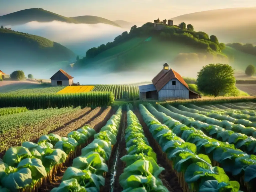 Un agricultor francés sostenible cuida sus cultivos al amanecer con delicadeza, envuelto en la belleza de la naturaleza