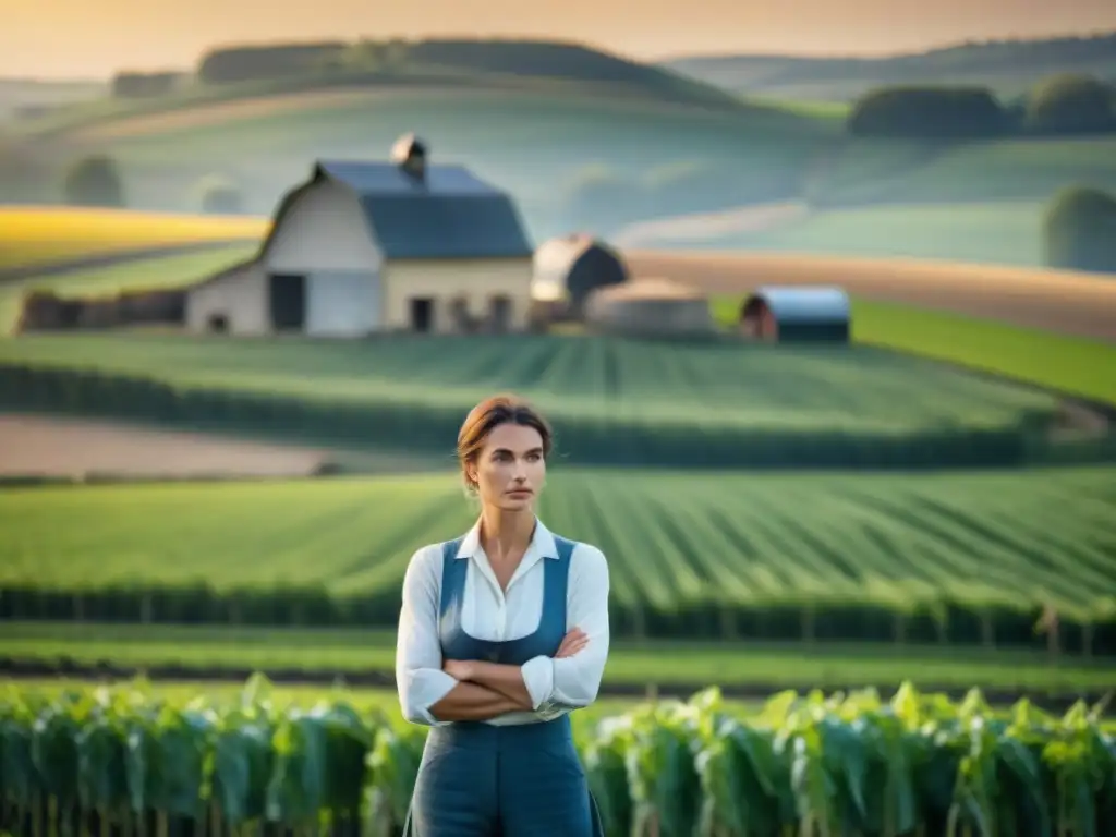 Marie Dupont, agricultora francesa, refleja la sostenibilidad y pasión en su granja de queso en Normandía al atardecer