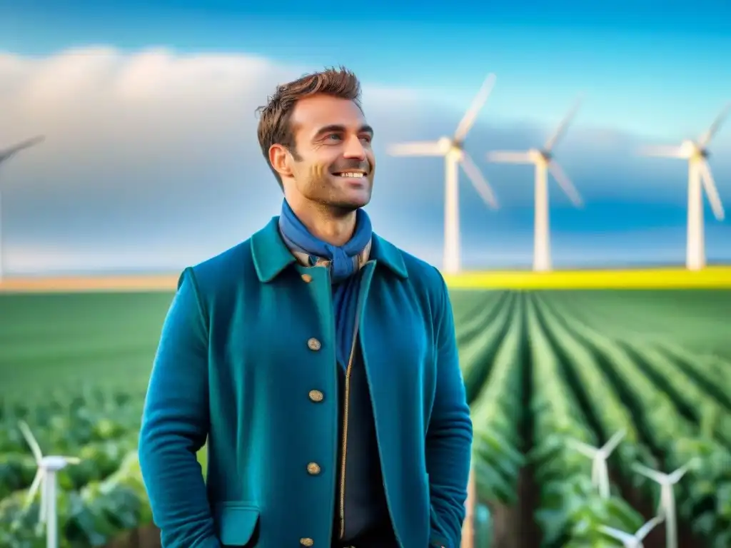 Agricultores franceses en campo verde, con molino eólico al fondo, representando la sostenibilidad en la agricultura