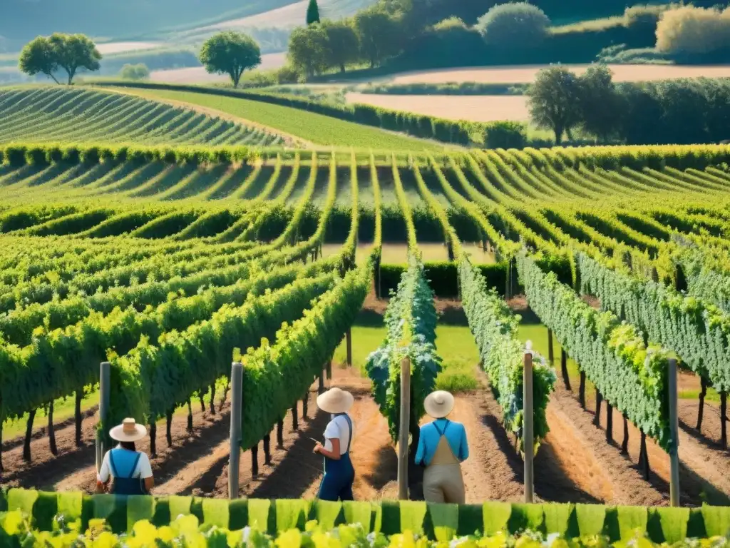 Agricultura sostenible en Francia: Agricultores inspeccionando viñedo francés bajo cielo azul