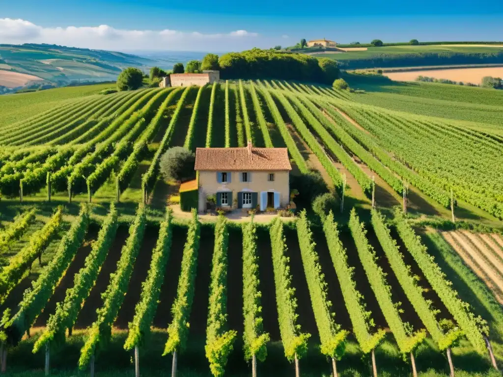 Agroturismo sostenible en Francia: viñedo exuberante y casa de piedra en paisaje rural sereno