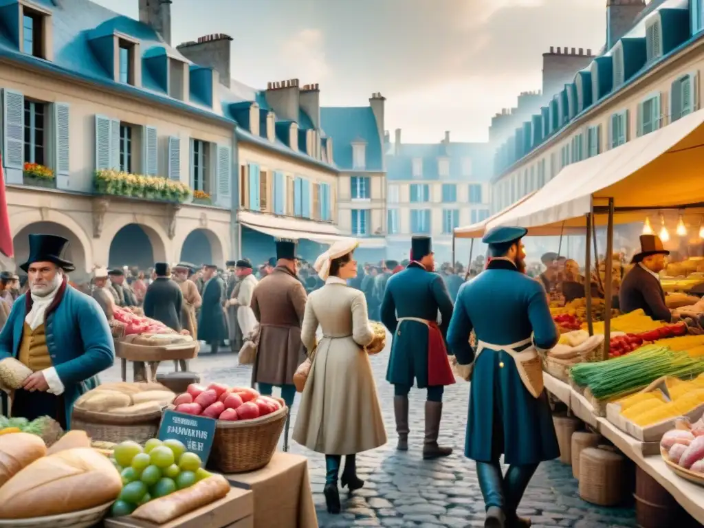 Ajetreado mercado francés durante la Revolución, con innovaciones gastronomía francesa revolución culinaria