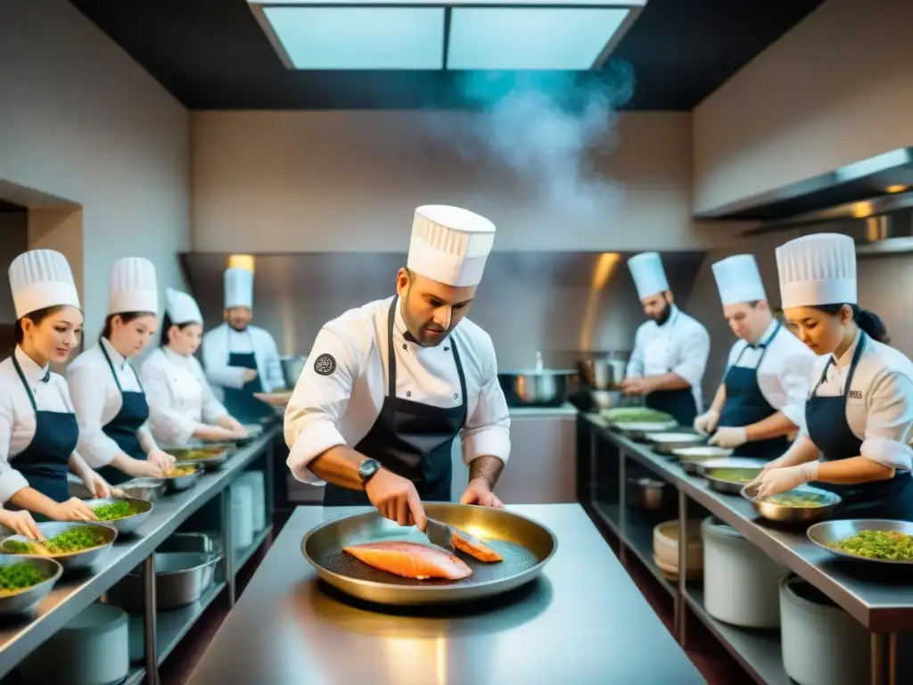 Un ajetreado salón de clases de una escuela culinaria francesa con chefs en formación practicando técnicas culinarias ancestrales en Francia