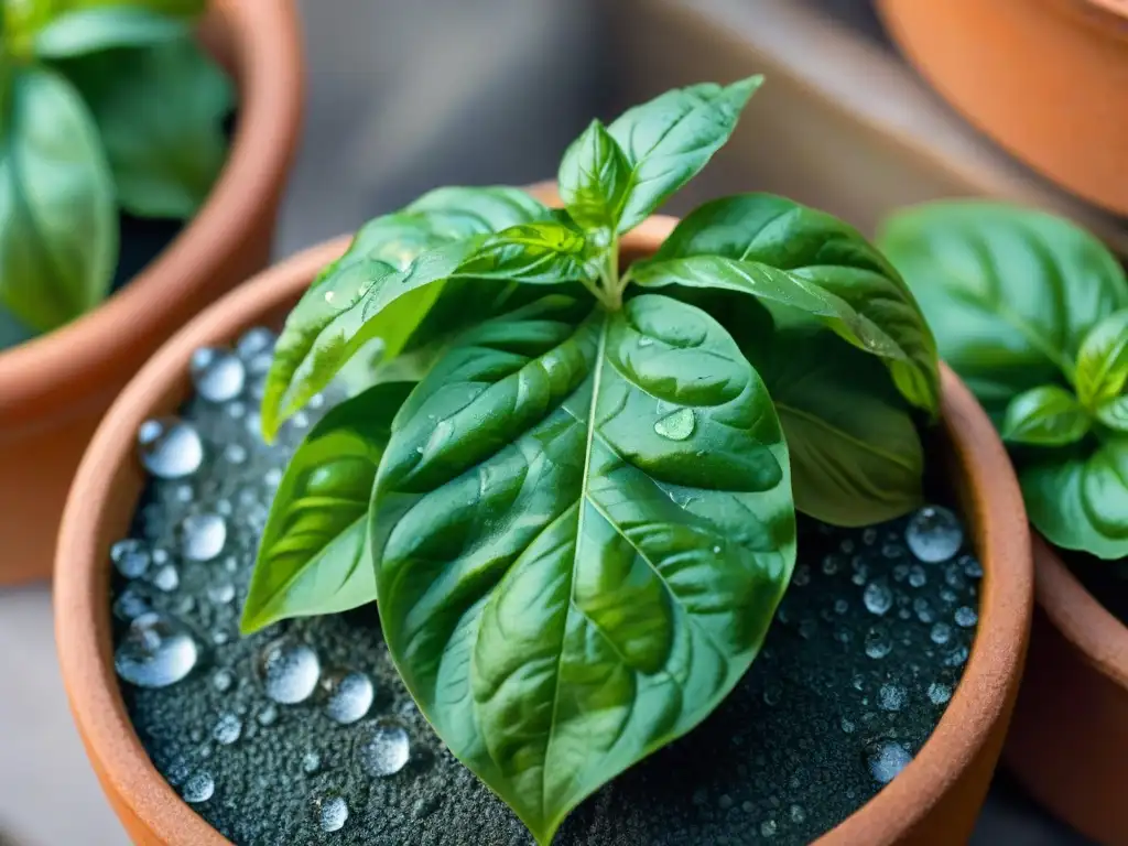 Albahaca fresca en la cocina francesa: una hoja verde vibrante con gotas de rocío, en un jardín mediterráneo soleado