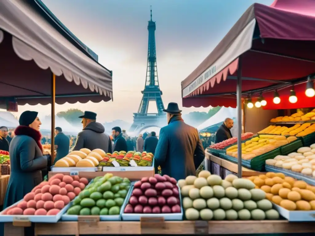 Alegre escena de mercado francés con baguettes, macarons, quesos y frutas