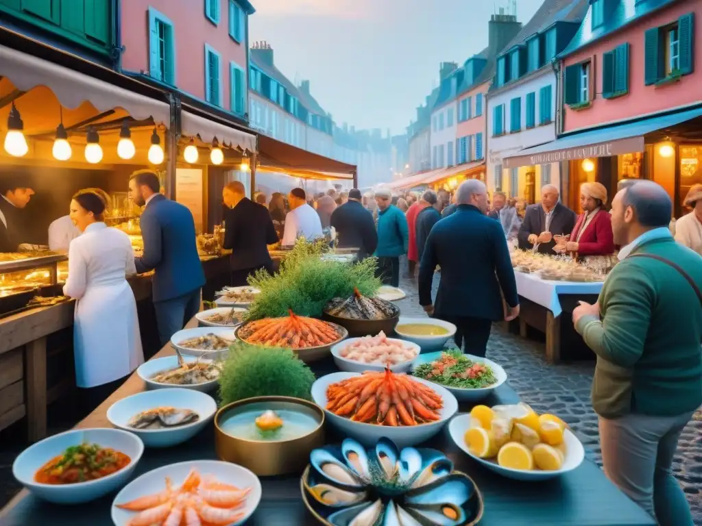 Alegre festival gastronómico en Francia, con multitud disfrutando de mariscos frescos en Honfleur