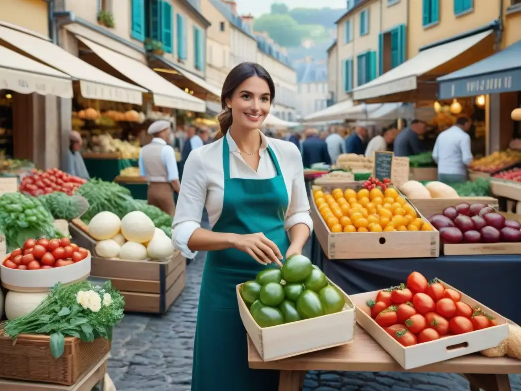 Fotografía de alimentos franceses en un bullicioso mercado al aire libre con productos frescos y coloridos