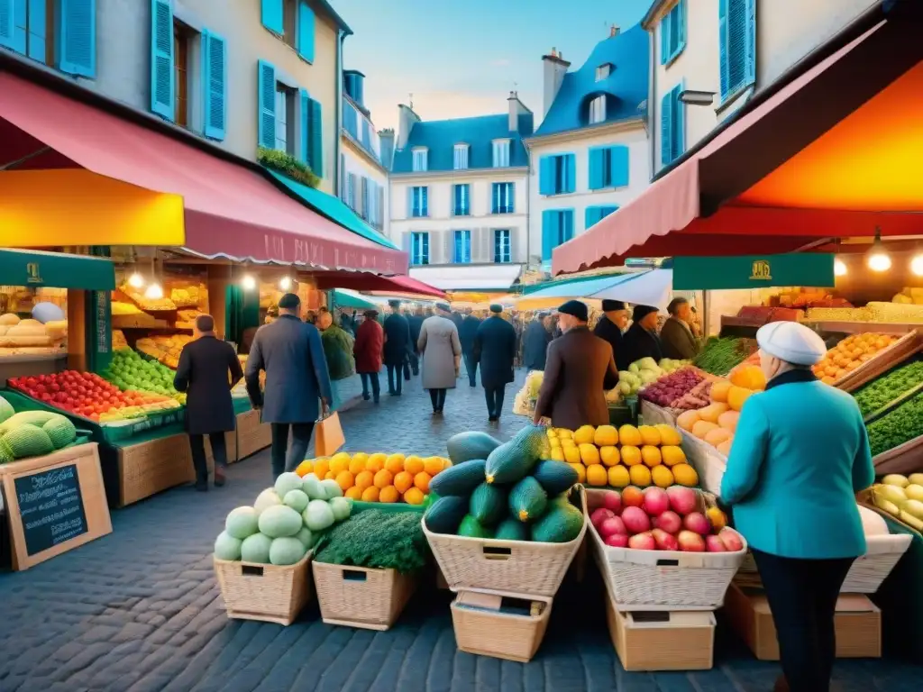 Fotografía de alimentos franceses en un bullicioso mercado callejero con frutas, verduras y quesos coloridos