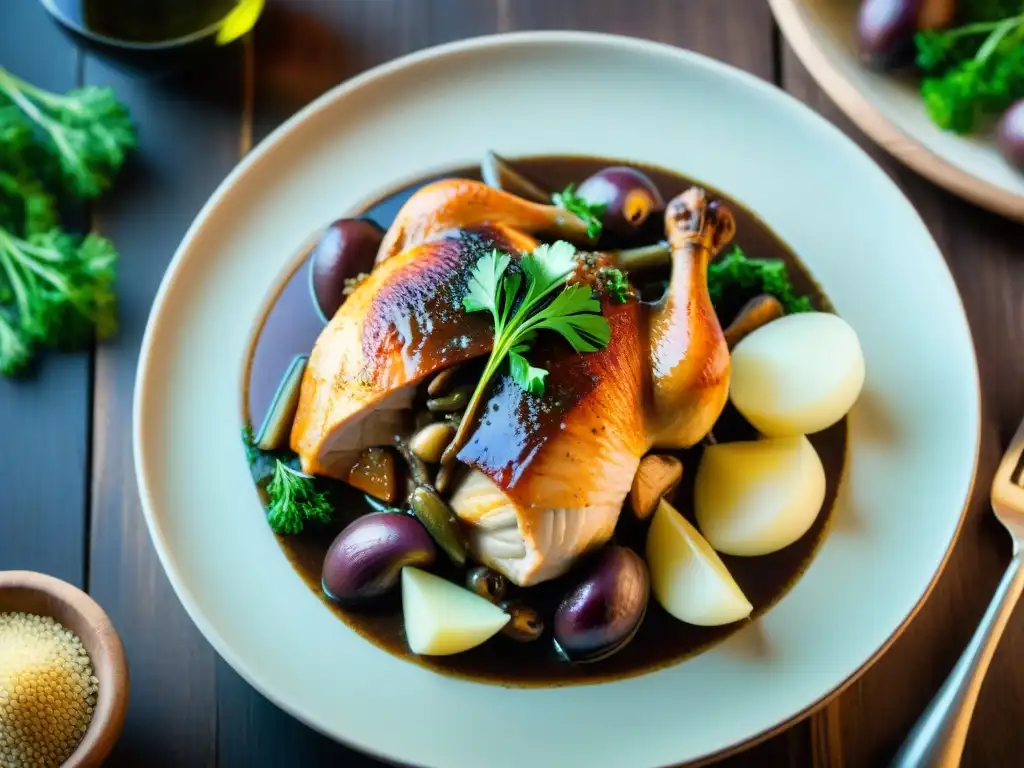 Fotografía de alimentos franceses: Delicioso Coq au Vin perfectamente presentado en mesa rústica con hierbas frescas y vino vintage en fondo