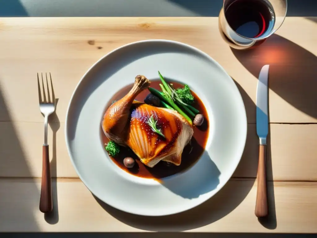 Fotografía de alimentos franceses elegantes: Coq au Vin perfectamente preparado, servido en plato de porcelana blanco sobre mesa rústica