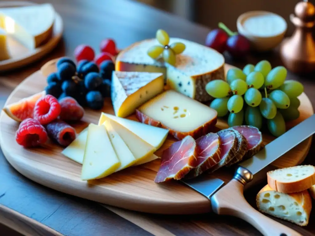 Fotografía de alimentos franceses elegantes: tabla de embutidos, quesos, frutas frescas y baguettes sobre tabla de madera rústica