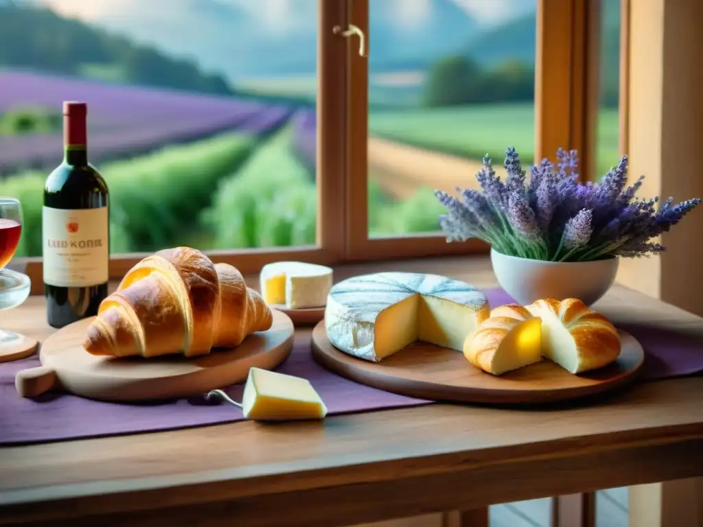 Fotografía de alimentos franceses en una mesa rústica, con croissants, queso camembert, vino Bordeaux, caracoles y lavanda