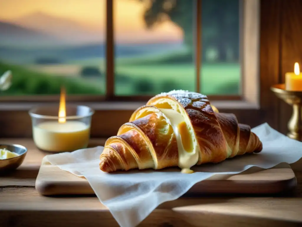 Una fotografía de alimentos franceses técnicas: croissant dorado con Camembert y miel de lavanda, en una cocina campestre francesa